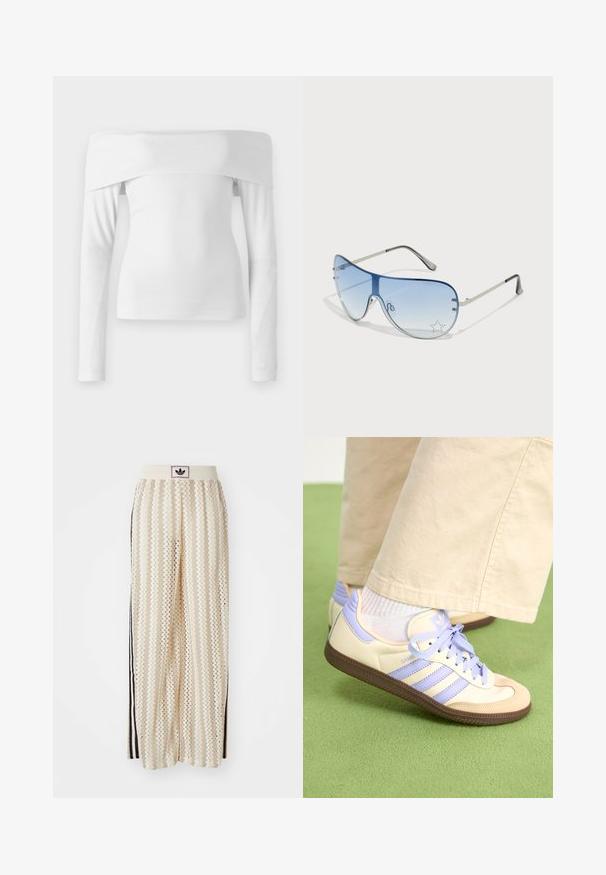 Valge õlavarte pealt avatud pika varrukaga suurepärasest puuvillast pluus. Omab keha järgivõi siluetti ja sujuvat tekstuuri puhta disainiga.; Kreemivärvilised lai säärega püksid, millel on siksakmustrit, must logoga vööp ja külgmised mustad triibud. Kerge, tekstureeritud kangas.; Kreemi ja lavendlivärvi tenniset, millel on kolm triipu ja tekstuuriga pruun tall, varustatud paelte ja pehmendatud kontsaga. Pehme kangast ülemine osa.; Aviatori prillid, millel on gradient sinine objektiiv, hõbedane metallraam ja dekoratiivsed staaraktsendid objektiivil. Sujuv ja stiilne disain.