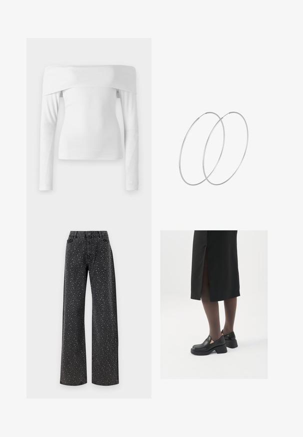 Top bianco a spalla scoperta con maniche lunghe realizzato in morbido cotone. Presenta una silhouette aderente e una texture liscia con un design pulito.; Noisy May NMJANNEL LOOSE - Jeans baggy - black denim; Scarpe in pelle nera con punta arrotondata, tacco spesso a blocco e accenti laterali in elastico, abbinate a collant scuri e una gonna nera con uno spacco.; Orecchini a cerchio in argento con un design minimalista. Forma circolare, superficie liscia e profilo sottile. Leggeri con una finitura lucida.