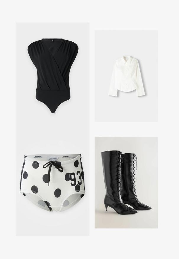 Body negru realizat dintr-un material moale, cu un design înfășurat, mâneci scurte pufoase și o parte inferioară ajustată cu o textură fină.; Cămașă albă cu nasturi, cu mâneci lungi, având un guler clasic, un croi structurat și cusături verticale subtile pentru un plus de detaliu.; Pantaloni scurți de baie cu buline negre și albe, cu un brâu cu șnur, având numărul "93" pe față și un material neted și elastic.; Botine negre, până la genunchi, din piele lucioasă, cu vârf ascuțit, având detalii cu șireturi pe laturi și un design cu toc kitten.