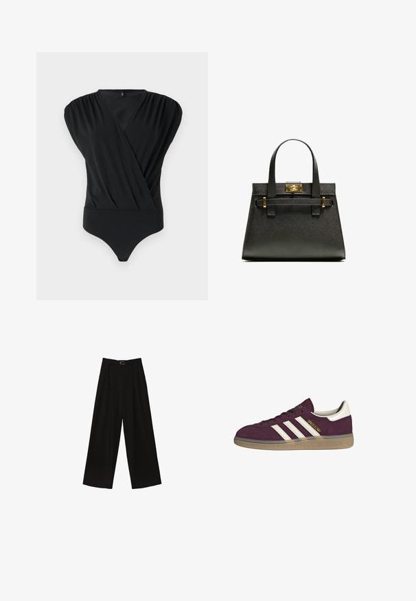 Černý body z měkké tkaniny, s překládaným designem, krátkými nabíranými rukávy a přiléhavým spodním dílem s hladkou texturou.; Černé široké kalhoty s vysokým pasem, s páskem v pase a sklady pro texturu. Vyrobeno z hladké, lehké tkaniny.; Bordové semišové tenisky s bílými třemi pruhy a béžovými akcenty. Mají texturovanou gumovou podrážku a zlaté logo na boku.; Černá strukturovaná kabelka s texturou a krátkými uchy, se zlatým zapínáním a akcenty. Design má geometrickou siluetu.