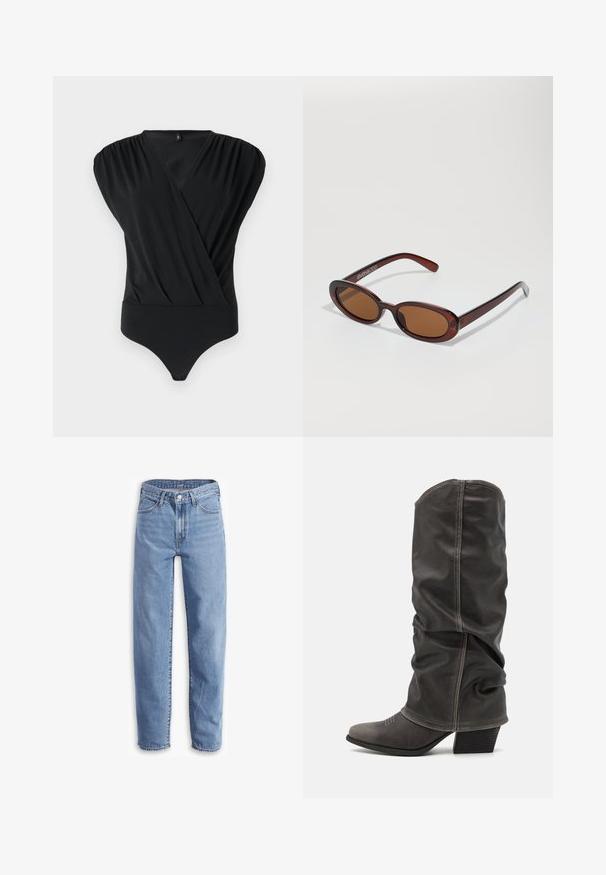 Schwarzer Bodysuit aus weichem Stoff, mit Wickeldesign, kurzen Puffärmeln und einem enganliegenden Unterteil mit glatter Textur.; Helle blaue Jeans aus Denim, mit entspannter Passform, geradem Bein, Fünf-Taschen-Design und ausgefransten Säumen für einen lässigen Look.; Graue Lederstiefel bis zur Wade mit einem lässigen Design, spitzer Zehenform und gestapelt Hohem Absatz. Auffällige Nähte im Bereich der Zehen.; Runde, braun getönte Sonnenbrillen mit einem glänzenden burgunderfarbenen Rahmen. Schlanke Bügel mit dezentem Branding. Flaches Linsendesign.