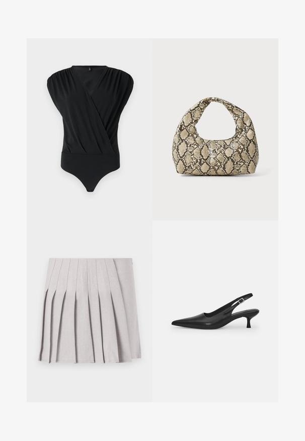 Crni bodi izrađen od meke tkanine, s dizajnom preklopa, kratkim puf rukavima i uskim dnom s glatkom teksturom.; Siva plisirana suknja s glatkom teksturom, koja ima više okomitih nabora i usku liniju struka. Izrađena od lagane tkanine.; Crne kožne slingback cipele s oštrim nosom i uskim, zakrivljenim potplatom. Imaju diskretnu podesivu traku s metalnom kopčom.; Torba s uzorkom zmije s zakrivljenom drškom. Izrađena od teksturiranih materijala u bež i smešnim tonovima, sa karakterističnim dijamantnim uzorkom.