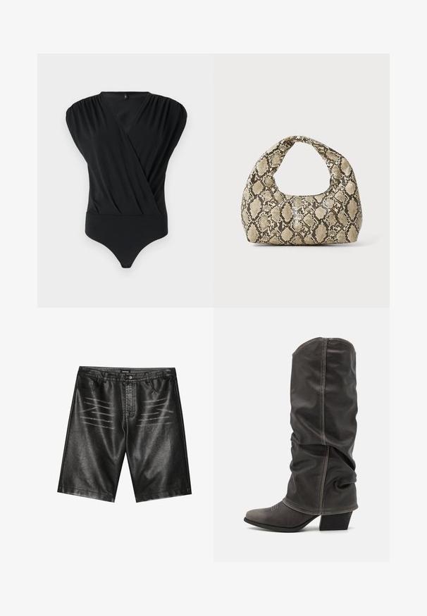 Čierny body z mäkkej tkaniny s prekrývajúcim dizajnom, krátkymi puff rukávmi a priliehavým spodkom so hladkou textúrou.; Čierne šortky z faux kože s hladkým povrchom, piatimi vreckami a jemným páskovaním na prednej strane. Klasický strih rovného strihu.; Sivé kožené čižmy po lýtka s voľným dizajnom, špicatou špičkou a poskladaným podpätkom. Výrazné šitie v oblasti špičky.; Kabelka s hadím vzorom a zakriveným rukoväťou. Vyrobená z textúrovaných béžových a hnedých materiálov, s charakteristickým diamantovým vzorom.