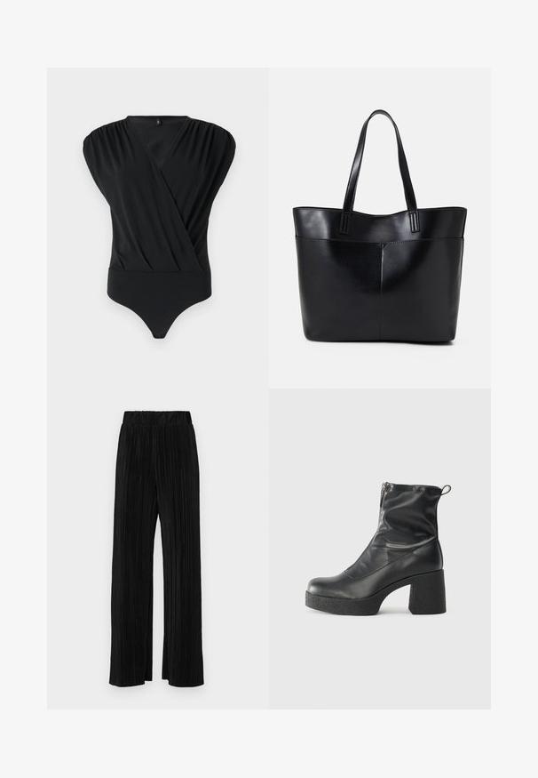 Svart body laget av myk stoff, med en omslagsdesign, korte pufferm, og en tettsittende bunn med en jevn tekstur.; Sorte plisserte bukser med elastisk midje. Har vide ben og et glatt, strukturert stoff med vertikale striper.; Svarte ankelstøvler laget av glatt lær, med glidelås på siden, chunky strukturert hæl, og rund tå-design.; Svart lær toteveske med to lange håndtak, en glatt tekstur og en strukturert form. Har en frontlomme for ekstra oppbevaring.