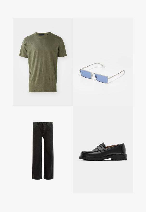 Olivinės spalvos trumpomis rankovėmis marškinėliai, pagaminti iš minkštos, lengvos medžiagos, su klasikiniu apvaliu iškirpimu ir laisvu kirpimu.; Juodi džinsai plačiomis kojomis su aukštu liemeniu, su klasikinio penkių kišenių dizainu ir švelniu prasiskverbimu dėl tekstūruotos išvaizdos.; Juodi odiniai loafersai pasižymi pakelta siūle, dviem dekoratyviais dirželiais ant viršaus ir storu tekstūruotu padu, kad būtų užtikrintas didesnis sukibimas.; Metaliniai saulės akinių su stačiakampiu pavidalu, mėlynai tonuoti objektyvai ir sidabrinis rėmas. Turi nosies pagalvėles ir plonas, tiesias šventyklas.