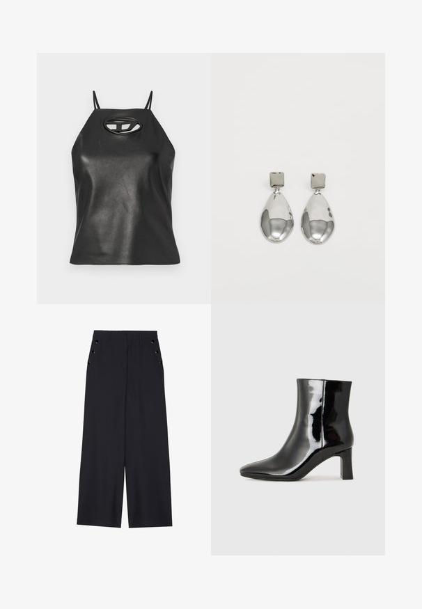 Fekete műbőrből készült top, vékony pántokkal, nyakba akasztható kivitelben, ovális kivágással a mellrészen. Sima textúra, testhez álló fazon.; Sötét tengerészkék, széles lábú nadrág, sima textúrával, elől redőkkel és díszes, aranyszínű szélekkel a zsebeknél.; Fekete lakk bőrcipő bokáig érő, hegyes orral és közepes magasságú tömbsarokkal. Simább textúrával és minimalista dizájnnal rendelkezik.; Ezüst csepp fülbevalók négyzet alakú fülbevalóval, sima, fényes felülettel és csepp formával, amely fényt tükröz egy fényes felületen.
