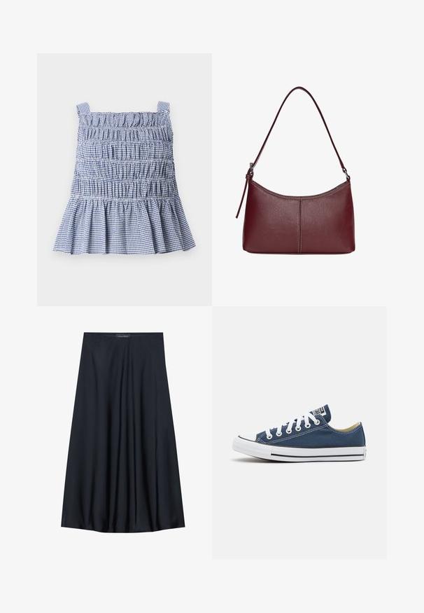 Modrá a biela károvaná blúzka s nariadeným živôtikom, nastaviteľnými ramienkami a volánovým lemom. Bavlnená látka s na gathered textúrou po celom obvode.; Čierna sukňa po kolená vyrobená z ľahkej tkaniny s voľným strihom. Obsahuje hladkú textúru a jemné záhyby pre dodatočný detail.; Plátené tenisky v námorníckej modrej farbe s bielymi očkami a šnúrkami, s bielym gumeným špicom a čiernym pruhom pozdĺž podrážky.; Bordová kožená kabelka s zakriveným tvarom, s jedným ramenným popruhom a prešitými detailmi v strede. Hladký povrch, minimalistické príslušenstvo.; Zlatý obdĺžnikový náramkový hodinky s bielym ciferníkom, striebornými indexmi a odolným kovovým náramkom. Obsahuje vodoodolnú funkciu.