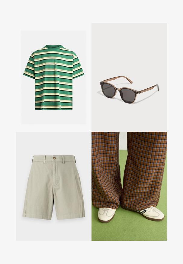 Zaļa īsām piedurknēm t-krekls ar horizontālām svītrām baltā, dzeltenā un melnā krāsā. Izgatavots no ērtas auduma ar klasisku apaļu kakla izgriezumu.; Gai bēšas šorti ar plakanu priekšu, vienu metāla pogu un jostu cilpām. Izgatavoti no mīksta kokvilnas maisījuma ar pielāgotu piegriezumu.; Brūni un zili rūtaini platās kājas bikses, kas savienotas ar baltām kurpēm ar melniem akcentiem un teksturētām zolēm, uz zaļa fona.; Brūnas plastmasas saulesbrilles ar tumšo lēcu, noapaļotu formu un sašaurinātām kājiņām. Ievērojama rotājuma detaļa uz tempļiem.