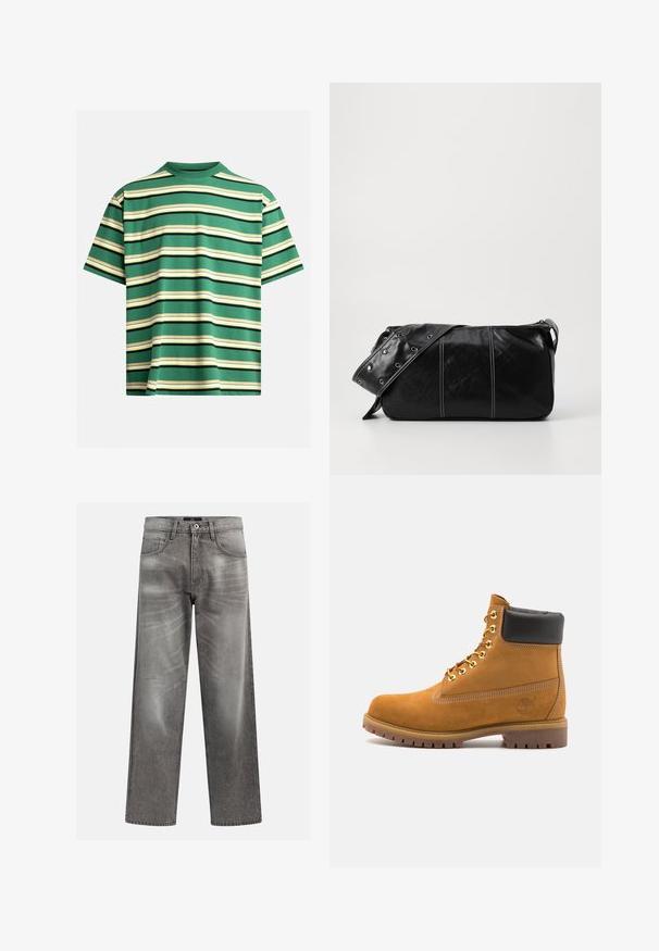 Roheline lühikeste varrukatega T-särk, millel on horisontaalsete triipudega valge, kollane ja must. Valmistatud mugavast kangast klassikalise ümarate kaelustega.; Hallide denim teksad, millel on lahtine lõige, esitlevad kulumis- ja pleekimisdetailide ning klassikalise viie-taskuga disaini ja nupuga sulgemist.; Küpset tan suede sääreboot musta pehmea kraega, kuldsed metallist silmad, valge õmblemise detailid ja robustne kummist tallaga, millel on väljendunud mustrid.; Must mustra nahkainine õlakott, millel on tõmblukk, tekstureeritud pind, valged õmblused ja rihm hõbedaste rõngastega.