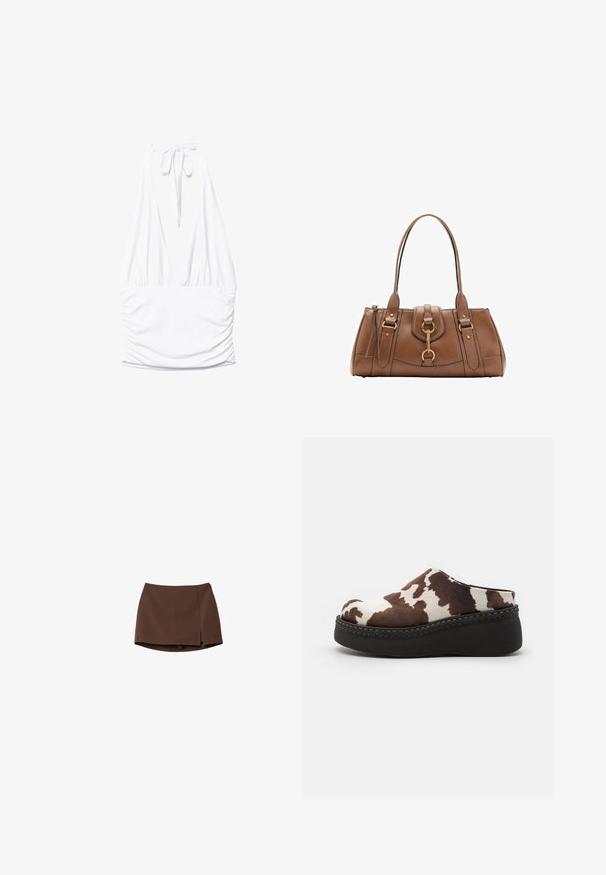 Stradivarius GATHERED HALTER - Top - white; Brown skirt made of smooth fabric, featuring a straight cut and a side slit. Simple design with no patterns or hardware details.; Brown and white cow-print platform clogs with a soft upper, rounded toe, and a durable black rubber sole. Seamed detailing at the base.; Brown leather handbag with dual handles, gold hardware accents, and structured design. Features a central flap with a loop detail.