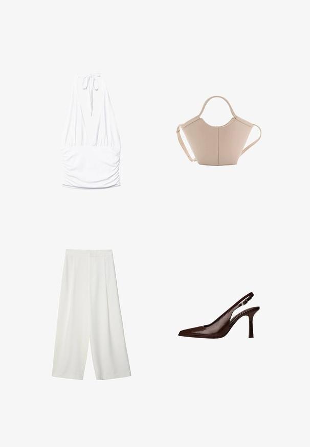 Stradivarius GATHERED HALTER - Top - white; Pantaloni bianchi a gamba larga e cropped con una texture liscia, caratterizzati da una parte anteriore piatta e senza chiusure o tasche visibili.; Scarpa pump slingback in pelle marrone con punta affusolata e tacco sottile. Presenta una piccola fibbia decorativa sulla cinghia e una finitura lucida.; Borsa in pelle beige con una forma unica, caratterizzata da due manici corti e una lunga tracolla regolabile. Texture liscia con hardware minimale.