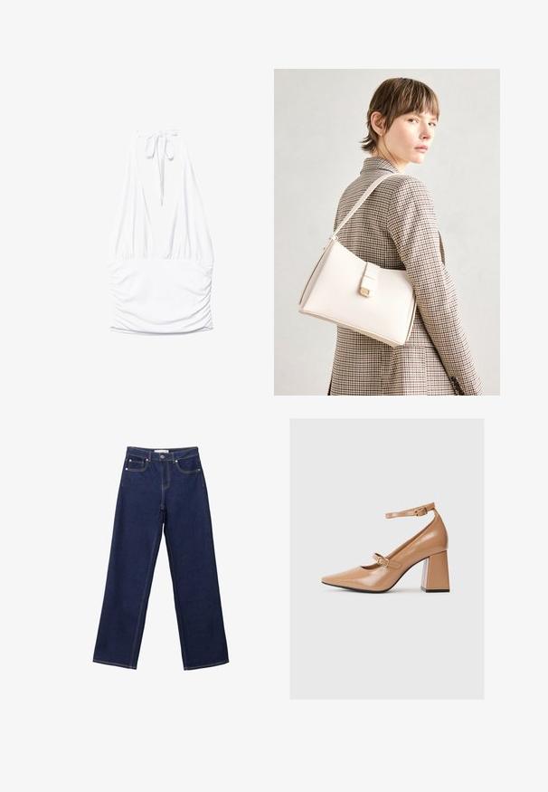 Stradivarius GATHERED HALTER - Top - white; Dunkelblaue Schlagjeans aus Denim. Merkmale sind gelbe Nähte und das klassische Fünf-Taschen-Design mit einem Knopfverschluss.; Beige Lackleder-Pumps mit spitzem Zeh, einem Knöchelriemen und einem massiven Quadratabsatz. Glatte Textur mit glänzender Oberfläche.; Weiße Lederhandtasche mit strukturiertem Design, ausgestattet mit einem Magnetverschluss und einem Schulterriemen, präsentiert vor einem neutralen Hintergrund.