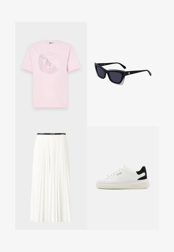 Rožinė medvilninė marškinėliai su apvaliu iškirpimu ir trumpomis rankovėmis. Centre yra sidabrinė spausdinta apvalios formos logotipo dizaino detalė.; Pleated balta sijonas su juodu elastiniu juosmeniu, ant kurio yra "LACOSTE" logotipas. Vidutinio ilgio dizainas su švelnia tekstūra.; Baltos odinės sportbačiai su storu baltu padu, juodu nubuko kulno akcentu ir iškilmingu logotipu šone. Su raišteliais, turinčiais šešis akinius.; Juodos didelės saulės akinių su geometrine forma, turinčiais tamsius objektyvus ir kontrastingą pilką detalę ant rėmelio. Logotipas ant šalon.; Sidabrinės auskarai žiedai su lygiu, blizgiu paviršiumi. Suapvalinta forma, lengvas dizainas, su uždarymu ant smeigtuko.