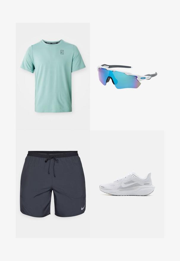 Ljusgrön, kortärmad tränings-t-shirt med rund halsringning, med en subtil textur och en liten svart Nike-logotyp på bröstet.; Nike löpshorts i mörkgrått, med en elastisk midja som har dragsko och en silverlogotyp på nederdelen av högra benet.; Vit sportskor med ovandel i mesh, släta texturerade överlager, grå accenter, snören och en vadderad sula designad för prestanda.; Solglasögon med vit ram, grå detaljer och blå spegelglas. Sportig design, omslutande form och justerbara näskuddar.