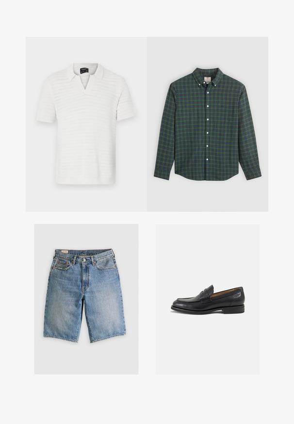 Weißes Poloshirt mit kurzen Ärmeln, das ein strukturiertes Streifenmuster und einen Kragen mit V-Ausschnitt aufweist. Leichter Stoff mit dezentem Glanz.; Langarm-Hemd mit grün-blau-gelbem Karomuster, weißen Knöpfen und einem geknöpften Kragen.; Jeansshorts in Hellblau mit klassischem Schnitt. Verfügt über fünf Taschen, orangene Nähte und ausgefranste Säume.; Schwarze Leder Slipper mit glatter Oberfläche, runder Spitze und dekorativer Naht auf dem Vorderblatt. Niedriger Blockabsatz und leichter Glanz.