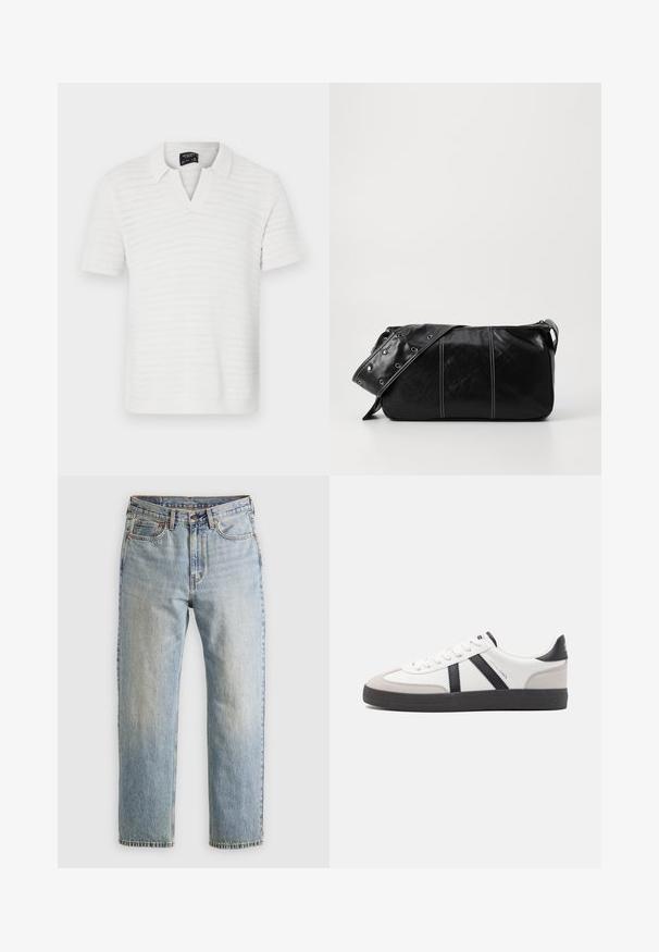 Biely polo tričko s krátkym rukávom so štruktúrovaným prúžkovaným vzorom a golierom s výstrihom do V. Ľahký materiál s jemným leskom.; Svetlomodré džínsy s vysokým pásom, predným gombíkom, zipsom a dizajnom s piatimi vreckami, rozložené na neutrálnom pozadí.; Biele tenisky s čiernymi a šedými akcentmi, s textúrovanou šedou špičkou, čiernou gumovou podrážkou a plochými bielymi šnúrkami. Čistý dizajn, minimalistický štýl.; Čierna kožená kabelka cez plece so zipsovým uzáverom, so štruktúrovaným telom, bielym prešívaním a popruhom so striebornými očkami.