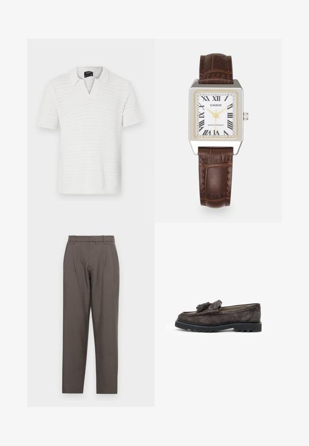 Biała koszulka polo z krótkim rękawem, z fakturowanym paskowanym wzorem oraz kołnierzykiem z dekoltem w serek. Lekka tkanina o subtelnym połysku.; Jack & Jones JPSTBILL JJDAYTONA kamień; Ciemnoszare zamszowe mokasyny z ozdobnym frędzlem z przodu, płaską gumową podeszwą oraz kontrastującymi detalami wzdłuż krawędzi.; Zegarek prostokątny Casio z białą tarczą, złotymi akcentami, cyferblatem z cyframi rzymskimi oraz brązowym skórzanym paskiem ze wzorem krokodyla. Wodoodporny design.; Srebrne kolczyki w formie kółek z dużymi, okrągłymi, białymi perłami. Projekt charakteryzuje się gładką teksturą i pewnym zapięciem do mocowania.