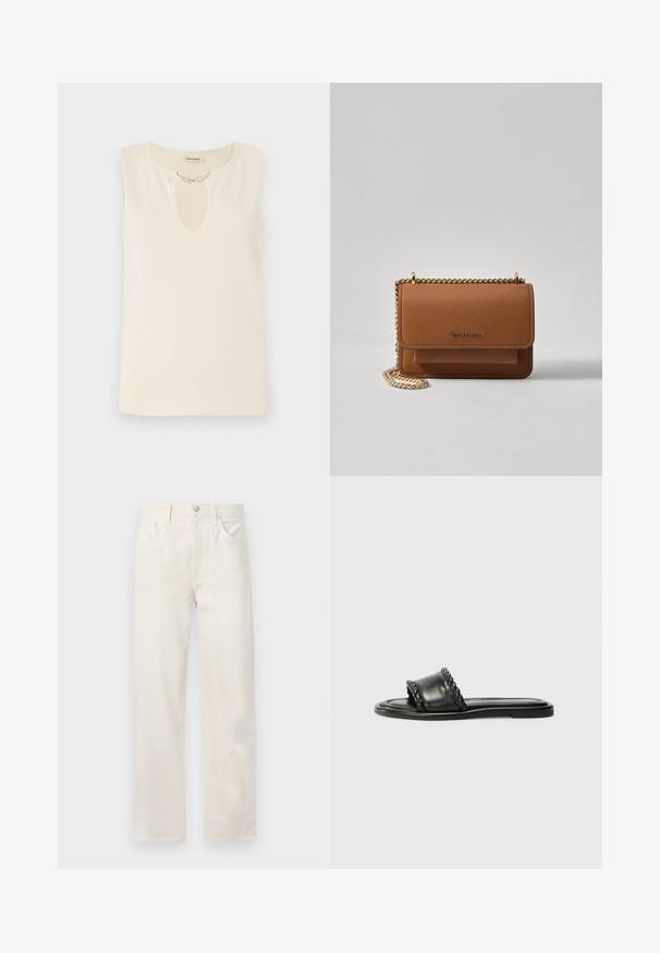 Ærmeløs top i kremfarvet stof med en nøglehulshalsudskæring dekoreret med bladformede pyntegenstande. Enkel skæring og glat tekstur.; Off-white straight-leg denim jeans med fem lommer, bæltestropper og en knap-og-lynlås lukning i taljen.; Sort lædersandal med et vævet stropdetalje, flad sål og et elegant design. Glat tekstur og minimalistisk profil.; Brun tekstureret læder crossover-taske med guldkæde-rem og klaplukning. Forsiden har logo-detalje og en lomme under klappen.