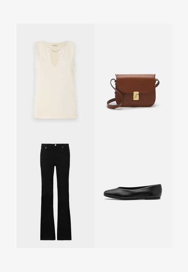 Sleeveless top in cream fabric featuring a keyhole neckline adorned with decorative leaf-shaped embellishments. Simple cut and smooth texture.; Black flared jeans made of denim, featuring two front pockets, a button closure, and a smooth texture. Signature stitching visible at seams.; Paul Smith TOPANGA - Ballet pumps - black; Brown leather handbag with a flap closure, gold-tone hardware, a shoulder strap, and a smooth texture. Compact rectangular shape.