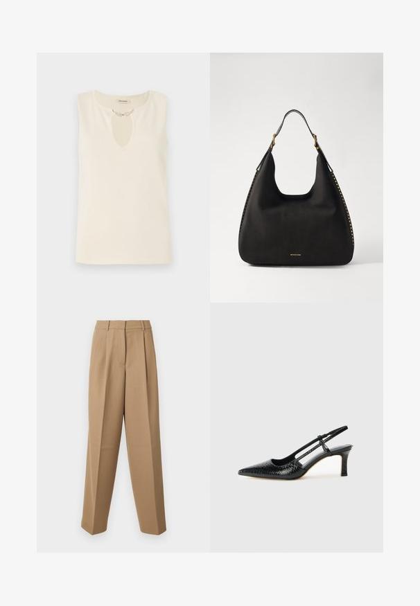 Bežinė medžiagos be rankovių bluzonė, kuri turi raktinės skylės iškirpimą, papuoštą dekoratyviniais lapų formos elementais. Paprasta siluetas ir lygus tekstūra.; Bežinės pritaikytos kelnės su aukštu liemeniu, raukšlėtu priekiu ir plačiomis kojomis. Audinys atrodo lygus, su nedideliu blizgesiu.; Juodai lakuoti slingback aukštakulniai su smailiu nosiu, su tekstūruotu gyvatės raštu, reguliuojama juosta ir trumpu, tekstūruotu blokiniu kulnu.; MICHAEL Michael Kors NOLITA HOBO  - Rankinė - black