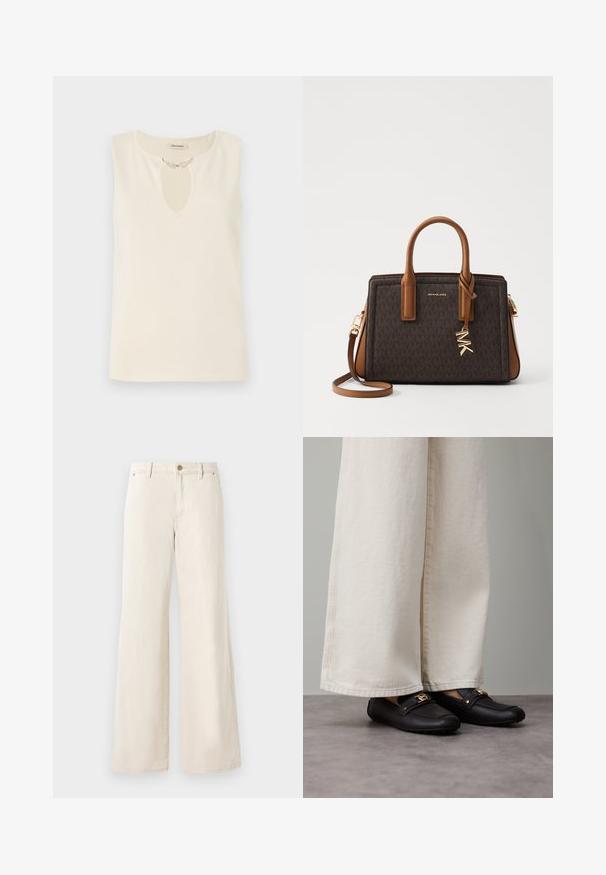 Ærmeløs top i kremfarvet stof med en nøglehulshalsudskæring dekoreret med bladformede pyntegenstande. Enkel skæring og glat tekstur.; Beige brede bukser lavet af bomuld med en glat tekstur. Har en knaplukning, forlommer og et klassisk taljedesign.; Sorte læderloafers med gyldent hardware-detalje, båret med brede, cremefarvede bukser, som viser en glat tekstur og en rund form.; MICHAEL Michael Kors LAILA SATCHEL - Håndtasker - brown