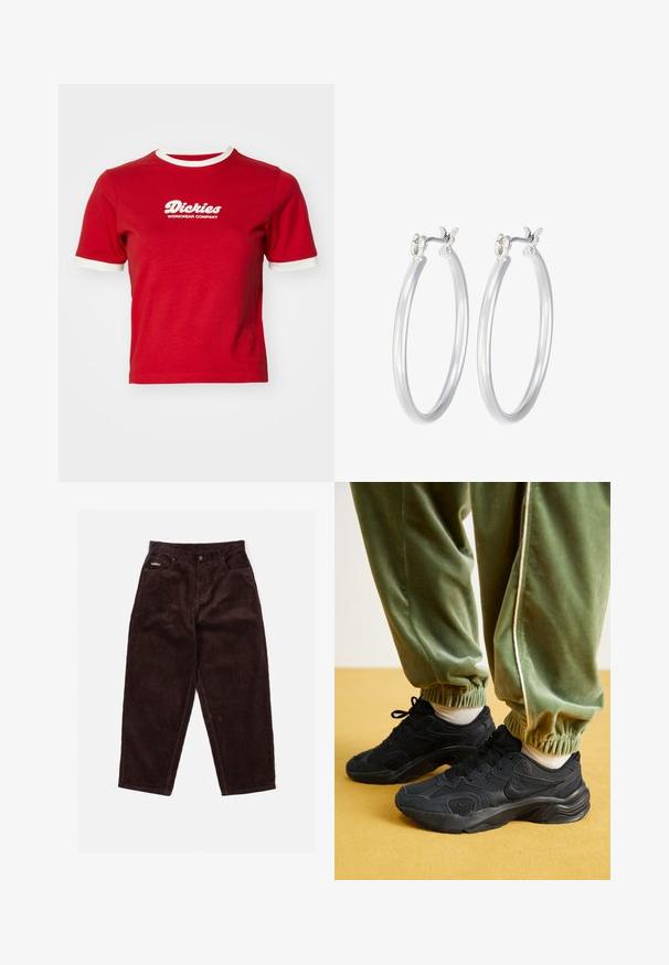 Červené bavlněné tričko s bílými kontrastními lemy na rukávech a výstřihu. Na přední straně je bílé logo "Dickies Workwear Company".; Hnědé kordurové kalhoty se střihacími nohavicemi, vybavené předním zapínáním na knoflík, pěti kapsami a jemnou strukturou díky žebrování látky.; Černé sportovní tenisky s síťovinou a syntetickými překryvy, s texturovanou podrážkou, spárované se zelenými tepláky s elastickými manžetami, na žlutém povrchu.; Stříbrné kruhové náušnice s hladkým, lesklým povrchem. Kulatý tvar a bezpečné zapínání na klip. Lehký design vhodný pro každodenní nošení.