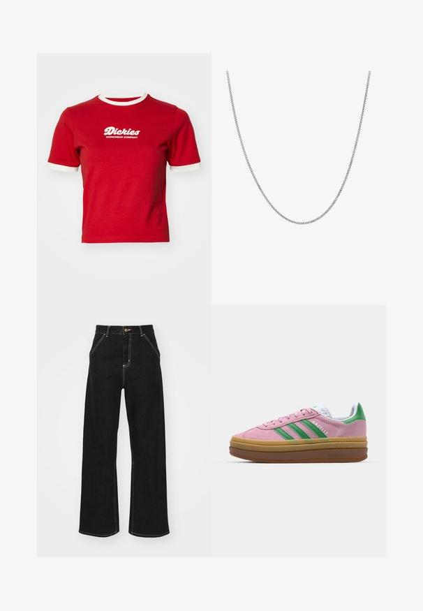 Röd bomullströja med vita kontrasterande ribbade ärmslut och halsringning. Har "Dickies Workwear Company"-logotypen i vitt på framsidan.; Svarta vida jeans i denim, med kontrasterande vit sömnad och framknäppning, samt två snedställda framfickor.; Rosa mockaskor med gröna ränder, vita accenter och en brun gummisula. Har ett strukturerat tyg och logodetaljer på sidan.; Silverfärgad kedjehalsband med en slät, rund platt länkdesign. Har en blank yta och mäter cirka 50 centimeter i längd.