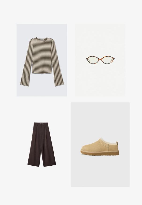 Long-sleeve top in beige with dark brown horizontal stripes, round neckline, and flared sleeves. Made of stretchable fabric.; Black wide-leg trousers with a high waist, featuring front pleats and a button closure at the waist, made from smooth fabric.; Suede slip-on shoe in light tan, featuring a soft fur lining and textured rubber sole with a slight heel and back pull tab for easy wear.; Tortoiseshell eyeglasses with oval lenses and a sleek, smooth finish. Features thin sides with a subtle curve at the temples. Clear lenses.