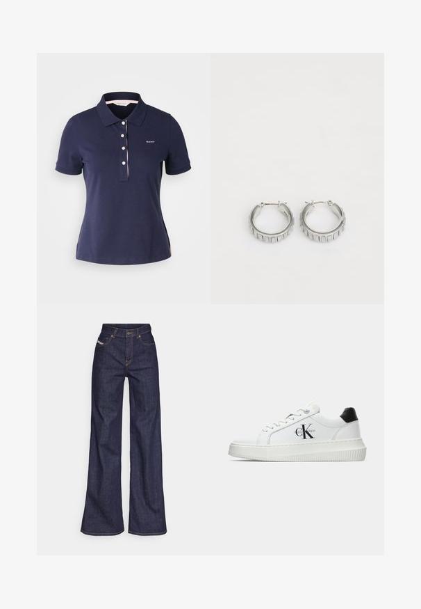 Námornícky modré bavlnené polo tričko s klasickým golierom, tromi gombíkmi a ružovým akcentom na golieri. Obsahuje malé logo na hrudi.; Tmavomodré široké džínsy z denimu s vysokým pásom, zdobené oranžovým šitím, päť vreckovým dizajnom a zapínaním na gombík.; Biele nízke tenisky s čiernym pätkovým dielom, platformovou podrážkou, šnúrkami a logom "CK" značky Calvin Klein na boku.; Strieborné kruhové náušnice s textúrovaným dizajnom, ktorý obsahuje vertikálne ryhy. Obdĺžnikový tvar so zabezpečovacím uzáverom. Hladký povrch.