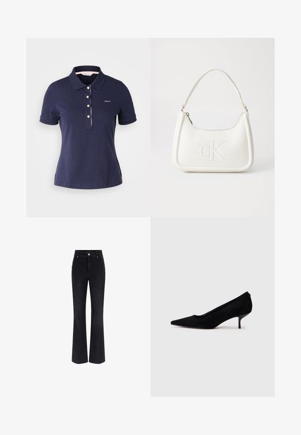 Jūras spēku zila kokvilnas polo krekls ar klasisku apkakli, trim pogām un rozā akcentu apkakles malā. Tiek piedāvāts neliels logo uz krūšu daļas.; Melni džinsi ar izflarētiem pēdējiem, augstu jostasvietu, piecu kabatu dizainu un metāla pogu akcentiem sānos. Gluda tekstūra un klasika fit.; Melnas zamšādas augstpapēžu kurpes ar vienu punktētu purngalu un šauru, zemu papēdi. Gluda tekstūra ar elegantu dizainu, bez redzamiem aksesuāriem.; Balta ādas rokassoma ar noapaļotu formu, uz kuras priekšpuses ir izgriezts "CK" logo un viena plecu siksna. Augšā aizverama ar rāvējslēdzēju.