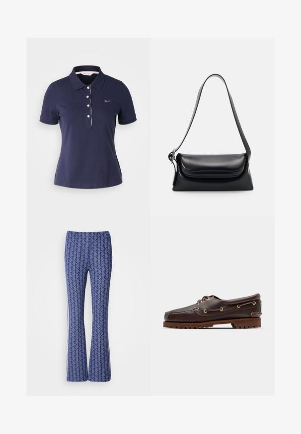 Polo de algodón azul marino con un cuello clásico, tres botones y un acento rosa a lo largo del cuello. Presenta un pequeño logo en el pecho.; Pantalones acampanados de color azul con un diseño geométrico, cinturilla elástica y rayas blancas en los laterales. Textura suave en toda su superficie.; Zapato náutico de cuero marrón con ojales dorados, cordones redondos y suela de goma marrón texturizada. Presenta detalles de costura y un logotipo elevado.; Bolso de piel negra con una forma estructurada, una textura suave y una sola correa para el hombro. Presenta un diseño de tapa sutil y redondeado.