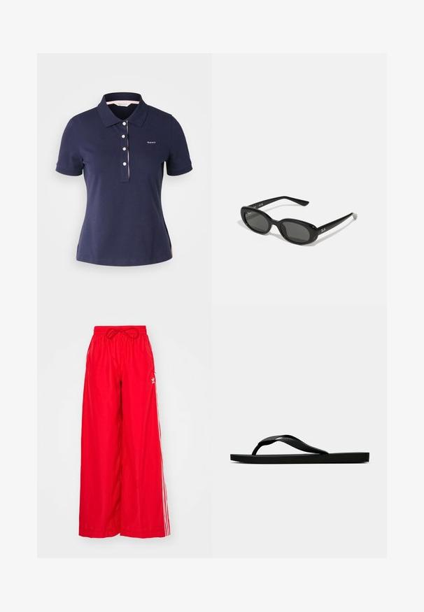 Námornícky modré bavlnené polo tričko s klasickým golierom, tromi gombíkmi a ružovým akcentom na golieri. Obsahuje malé logo na hrudi.; Červené široké nohavice vyrobené z ľahkého materiálu, s bielymi bočnými prúžkami a elastickým pásom so šnúrkou.; Čierne gumené žabky s textúrovaným popruhom a jednoduchou plochou podrážkou, zobrazené z boku na jednofarebnom svetlom pozadí.; Čierne slnečné okuliare s oválnymi šošovkami, lesklý plastový rám a štíhle ramienka. Na boku majú biele logo Ray-Ban.; Čierna kožená kabelka so štruktúrovaným tvarom, hladkou textúrou a jedným ramenným popruhom. Obsahuje jemný, zaoblený dizajn klapky.