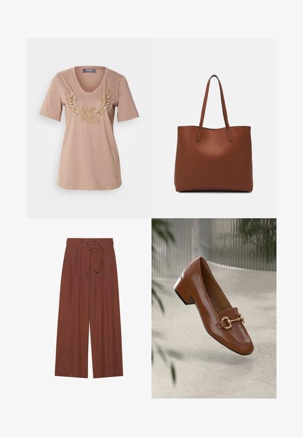 Svijetlosmeđi pamučni majica s kratkim rukavima, v-izrezom i metalik grafikom krila s natpisom "Rock & Roll" u zlatnoj i srebrnoj boji.; Hlače širokih nogavica od smeđeg materijala, s remenom sa kvadratnom kopčom, nabranim dizajnom i glatkom teksturom.; Smeđi lakirani loafer s kvadratnim vrhom, metalnim lancem kao naglaskom i niskom blok petom; glatka tekstura, minimalistički dizajn.; Smeđa kožna torba preko ramena s glatkom teksturom, otvorenim vrhom i dvjema naramenicama. Ima minimalne šavove i nema vidljivog hardvera.