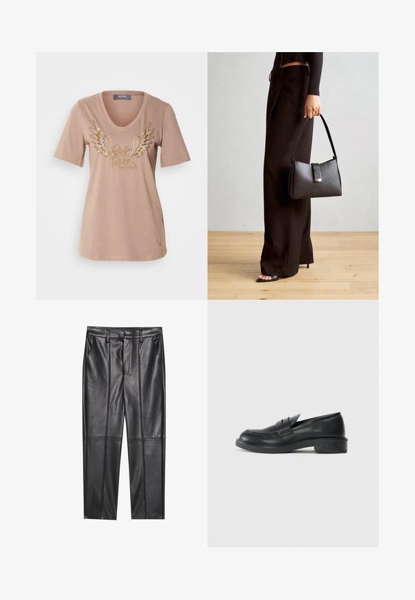 Light beige cotton t-shirt with short sleeves, v-neckline, and metallic wing graphic with "Rock & Roll" text in gold and silver.; Black leather trousers with a smooth texture, featuring a straight fit, two front pockets, and visible seam detailing.; Black leather loafers with a rounded toe, stitched detailing, and a small heel. Smooth texture and a flexible rubber sole.; Black handbag with structured shape, smooth texture, and a metallic clasp. Paired with wide black pants and open-toe sandals on wooden floor.