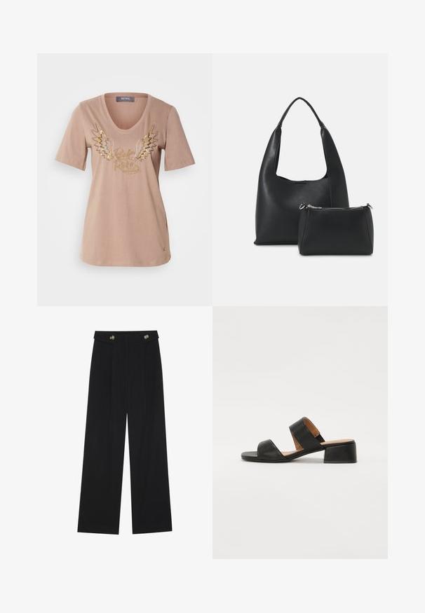 Hellgraues Baumwoll-T-Shirt mit kurzen Ärmeln, V-Ausschnitt und metallischem Flügelgrafik mit dem Text "Rock & Roll" in Gold und Silber.; Schwarze weite Hosen mit hoher Taille, Knopfdetails am Bund und vorderen Falten.; Schwarze Ledersandale mit zwei breiten Riemen über dem Fuß, einer quadratischen Zehenpartie und einem niedrigen Blockabsatz. Glatte Textur und minimalistisches Design.; Even&Odd Handtasche - black