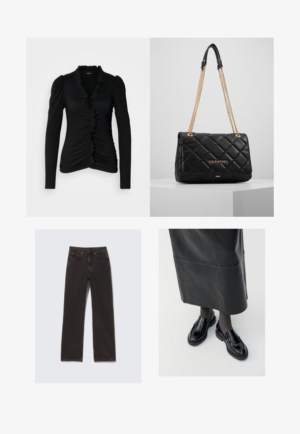 Schwarzes Langarmoberteil mit tiefem V-Ausschnitt, Rüschenausschnitt und gerafftem Textur an der Vorderseite, aus dehnbarem Stoff gefertigt.; Schwarze Denim-Jeans mit geradem Bein, fünf Taschen und einem Knopfverschluss. Auffällige Textur- und Nahtdetails sind sichtbar.; Schwarze Lederloafers mit glatter Oberfläche, verziert mit einem dekorativen Riemen, runder Zehenpartie und texturierten Sohlen. Getragen mit einem langen schwarzen Lederrock.; Schwarze, gesteppte Leder-Handtasche mit goldener Kettenriemen und Logo-Detail. Rechteckige Form, glatte Textur, mit einem Klappenverschluss.