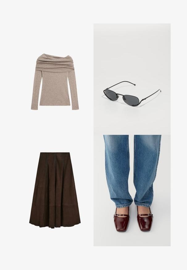 Langærmet bluse med skulderudskæring i en lys taupe farve. Fremstillet af blødt stof med draperet halsudskæring og tætsiddende ærmer.; Brun ruskind midi-nederdel med en flare-design og lodrette sømdetaljer, der har en glat tekstur og en bred kant.; Burgunderfarvede patentlæder sko med firkantet tå og ankelrem, parret med lyseblå løs pasform jeans. Skoene har en glansfuld overflade.; Sorte solbriller med smalle ovale linser, tynde metalrammer og justerbare næsepuder. Har et strømlinet, minimalistisk design.; Læderprint tørklæde i brune og beige nuancer, vævet materiale, rektangulær form, med en blød tekstur og frynset kant.