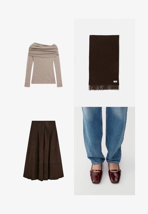 Langærmet bluse med skulderudskæring i en lys taupe farve. Fremstillet af blødt stof med draperet halsudskæring og tætsiddende ærmer.; Brun ruskind midi-nederdel med en flare-design og lodrette sømdetaljer, der har en glat tekstur og en bred kant.; Burgunderfarvede patentlæder sko med firkantet tå og ankelrem, parret med lyseblå løs pasform jeans. Skoene har en glansfuld overflade.; Brun stofsjaal med frynsede kanter, lavet af blødt materiale. Har et lille hvidt mærke med sort tekst i bunden.