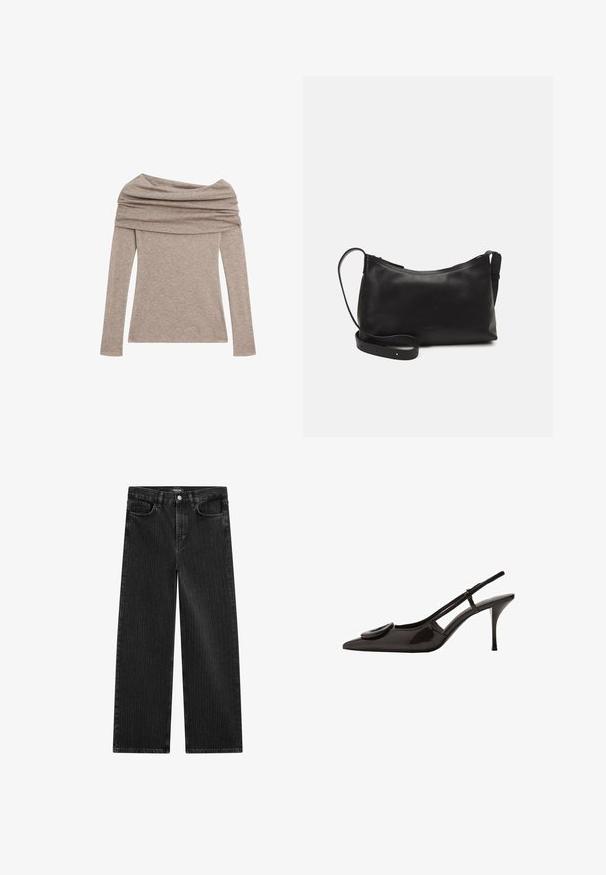 Top a maniche lunghe, senza spalle, di un leggero colore taupe. Realizzato in tessuto morbido con scollo drappeggiato e maniche aderenti.; Jeans in denim nero a gamba larga con un sottile motivo a righe verticali, dotati di cinque tasche e una chiusura a bottone classica in vita.; Scarpa slingback in pelle verniciata nera con punta appuntita, design minimalista, piccolo dettaglio rotondo sulla tomaia e tacco sottile.; Borsa a spalla in pelle nera con una texture liscia, forma curva, tracolla regolabile e chiusura con zip. Design minimalista senza ornamenti.