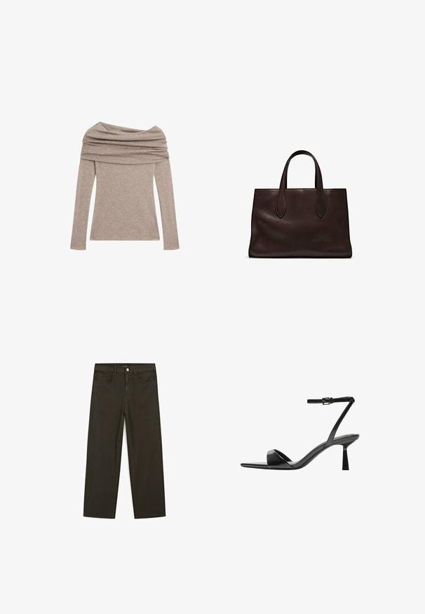 Top a maniche lunghe, senza spalle, di un leggero colore taupe. Realizzato in tessuto morbido con scollo drappeggiato e maniche aderenti.; Jeans a gamba larga di colore verde scuro, realizzati in tessuto misto cotone, dotati di chiusura con bottone frontale, cinque tasche e cuciture classiche in denim.; Bershka Sandali con tacco - black; Borsa a spalla in pelle marrone con due manici lunghi, forma rettangolare strutturata, texture liscia e dettagli di cucitura sottili.