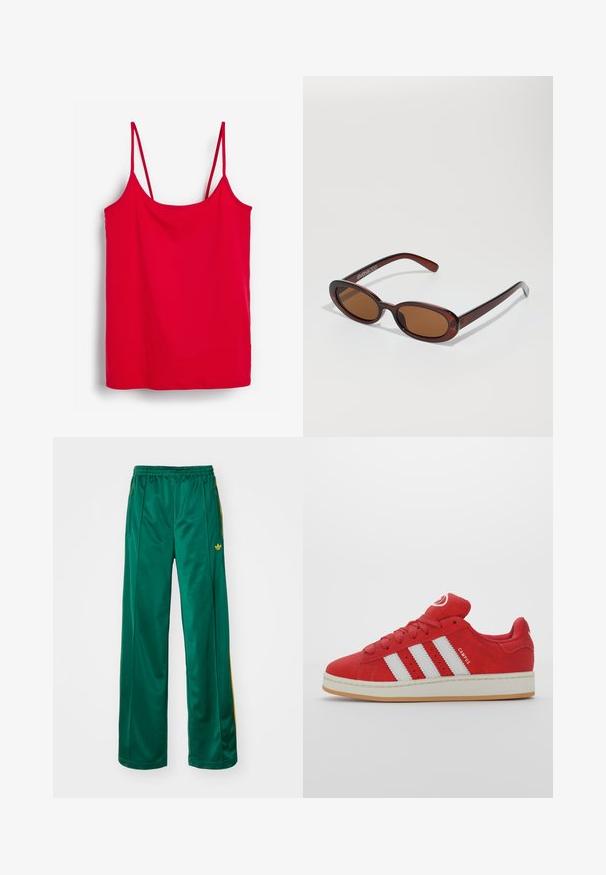 Débardeur rouge en tissu lisse, avec de fines bretelles réglables et un ourlet droit. Aucun motif ou détail supplémentaire présent.; Pantalons de sport en satin vert avec une coupe décontractée, présentant des accents de rayures jaunes et un logo brodé sur le côté gauche. Taille élastique.; Baskets en suède rouge avec trois bandes blanches, semelle en caoutchouc, bout rond et languette rembourrée, affichant le détail "CAMPUS" sur le côté.; Lunettes de soleil rondes teinte brun avec une monture bordeaux brillante. Branches fines avec un détail de marque subtil. Design de verres plats.