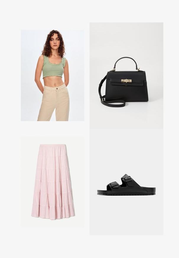 Vaaleanvihreä ribattu cropped-toppi, jossa on neliömäinen pääntie ja röyhelökoristeet reunoilla, yhdistettynä korkeavyötäröisiin beidge-farkkuihin.; Vaaleanpunainen, kerroksellinen maxi-hame, joka on valmistettu rakenteellisesta, kevyestä kankaasta. Joustava vyötärö ja virtaava helma, jossa on röyhelökoristeet.; Musta sandaalit, joissa on kaksi säädettävää hihnaa, valmistettu synteettisestä materiaalista. Varusteena teksturoitu pohja ja kestävä kumipohja, jossa on pito.; Mustat nahkalaukku, jossa on jäsennelty muotoilu, ylhäällä olevat kahvat, irrotettava olkahihna ja kultasävyinen metalliosat. Edessä on klipsilukitus.