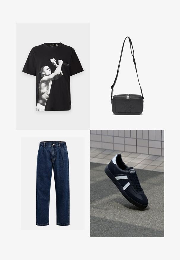 Cămașă neagră, oversized, cu un grafic mare alb și negru reprezentând o figură fără cămașă care ține un microfon. Fabricată din material de bumbac.; Jeans din denim albastru închis cu un design drept. Prezintă cusături vizibile, închidere cu buton și pliuri frontale pentru un detaliu suplimentar.; Sneaker din piele neagră cu dungi albe, talpă din cauciuc texturat și șireturi. Prezintă un eticheta de marcă pe limbă.; Geantă din piele neagră, tip crossbody, cu închidere cu fermoar, logo embosat pe față și curea ajustabilă. Textură netedă și formă rectangulară.