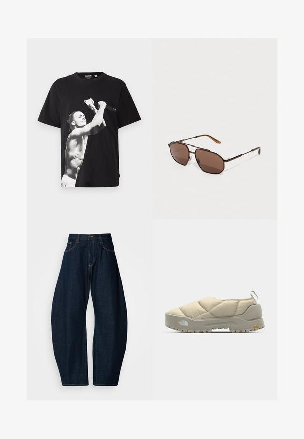 Black oversized t-shirt featuring a large black and white graphic of a shirtless figure holding a microphone. Made of cotton fabric.; Dark blue denim jeans with a wide-leg design, featuring prominent stitching, five pockets, and a brass button closure at the waistband.; Quilted beige slip-on shoe with gray Vibram sole, rounded shape, and rear loop. Features logo on side and textured upper surface.; Brown octagonal sunglasses with a thin black metal frame, accented by brown temples. Dark tinted lenses provide UV protection.