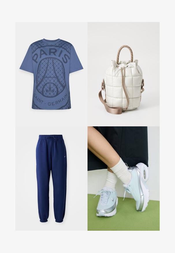 T-shirt en coton bleu avec un design graphique texturé comportant le texte "PARIS" et "SAINT-GERMAIN", col rond et manches courtes.; Pantalons de survêtement bleu marine en tissu doux, avec une taille élastique à cordon de serrage, des poignets élastiques et un petit logo blanc.; Baskets bleu clair avec accents argentés, dessus texturé, semelle rembourrée et unité d'air visible. Associées à des chaussettes blanches côtelées.; Sac matelassé beige clair avec un haut resserré, doté d'une anse tressée et d'une bandoulière amovible. Texture lisse avec un doux éclat.