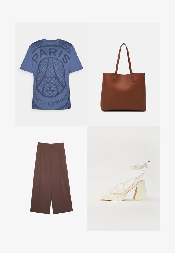 Sininen puuvillapaita, jossa on teksturoitu graafinen muotoilu, jossa lukee "PARIS" ja "SAINT-GERMAIN", pyöreä pääntie ja lyhyet hihat.; Ruskeat leveälahkeiset housut, joissa on sileä pinta, korkea vyötärö ja etupleat. Kangas on kevyttä ja laskeutuu väljänä.; Valkoinen korkokenkä, jossa on paksu korko, ja joka sisältää nauhakiinnityksen ja nilkkaketjun. Sujuva pinta, jossa on platform-etupohja lisäkorkeutta varten.; Ruskea nahkainen olkalaukku, jossa on sileä pinta, avoin yläosa ja kaksi olkahihnaa. Omaavat vain minimaalisen ompelun eikä näkyvää metalliosaa.