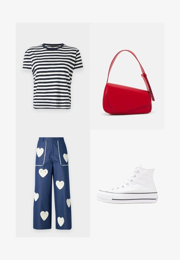 Navyblauw en witte gestreepte t-shirt met korte mouwen en een ronde hals. Zachte stof, losse pasvorm en een consistente horizontale streepjespatroon.; Sister Jane HEART TO HEART - Straight leg jeans - blue denim; Witte high-top canvas sneakers met een zwarte rubberen zool, een rubberen neuskap aan de voorkant en zes gaatjes voor veters, met een schone, minimalistische uitstraling.; Rode leren handtas met een hoekig, geometrisch ontwerp. Beschikt over een enkele verstelbare schouderriem en een klepclosure met gestikte details.