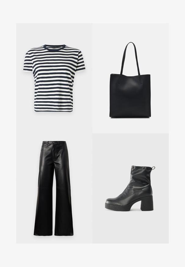 Marineblå og hvite stripete t-skjorte med korte ermer og rund hals. Mykt stoff, avslappet passform og jevn horisontal stripemønster.; Sorte høy midje vide ben bukser i imitert skinn med knapp foran, glidelås, beltehemper og sidelommer på hvit bakgrunn.; Svarte ankelstøvler laget av glatt lær, med glidelås på siden, chunky strukturert hæl, og rund tå-design.; Svart lær tote bag med glatt tekstur, rektangulær form og to lange håndtak. Ingen synlige deler eller dekorasjoner.