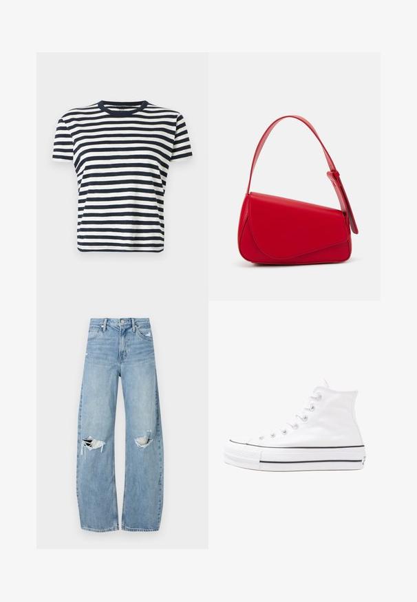 Navy and white striped short-sleeve t-shirt with a round neckline. Soft fabric, relaxed fit, and consistent horizontal stripe pattern.; Light blue, high-waisted jeans made of denim. Feature wide legs, two torn knee areas, and classic five-pocket styling.; White high-top canvas sneaker with black rubber sole, front rubber toe cap, and six eyelets for laces, featuring a clean, minimalist design.; Red leather handbag with an angular, geometric design. Features a single adjustable strap and a flap closure with stitched detailing.