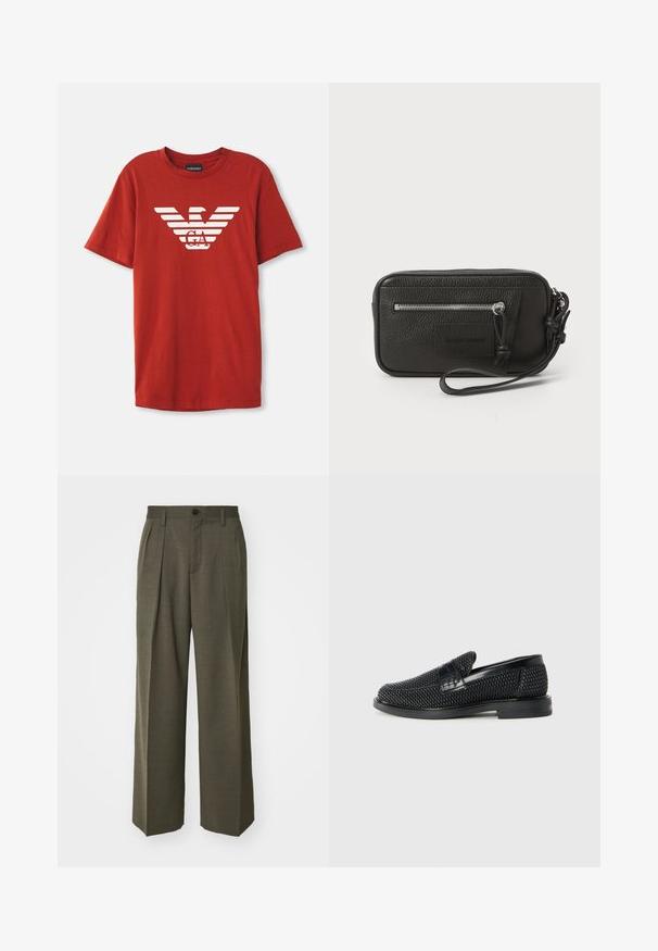 Sarkana kokvilnas T-krekls ar īsām piedurknēm. Tam ir liels balts svītrots grafiskais logo priekšpusē, veidots ar ērgļa motīvu un iniciālēm.; Filippa K WIDE TROUSERS - Auduma bikses - driftwood; Melnas austas slaidu kurpes ar gludu ādas akcentu augšpusē, apaļas formas purngalu un zemas profila gumijas zoli.; Melnas ādas clutch soma ar teksturētu virsmu, priekšējo rāvējslēdzēja kabatu un noņemamu roku siksnu. Iekļauts logotipa uzlikums priekšpusē. Taisnstūra forma.